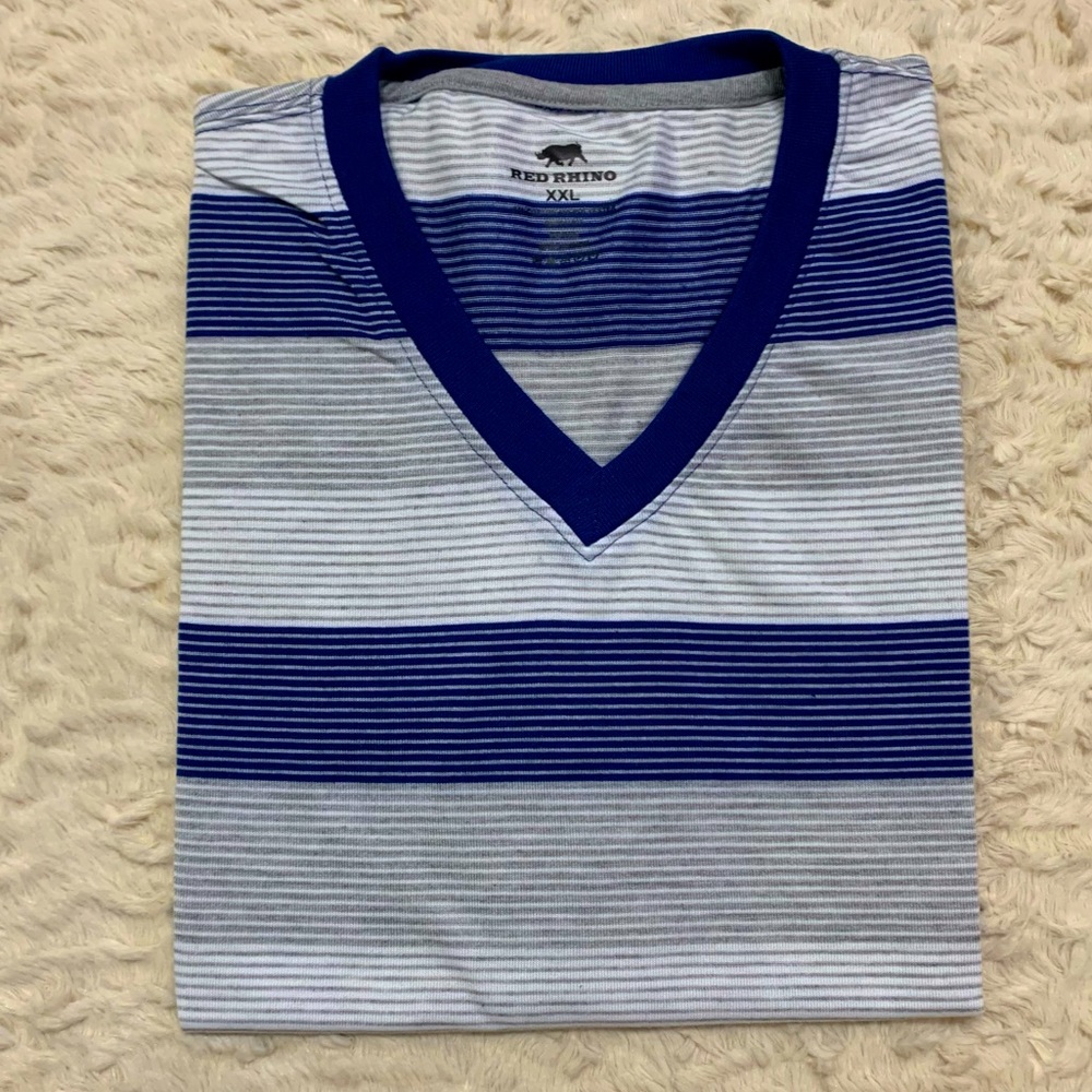 🛍️ RED RHINO Blue Gray Striped V-Neck Men’s T-Shirt - Size XXL